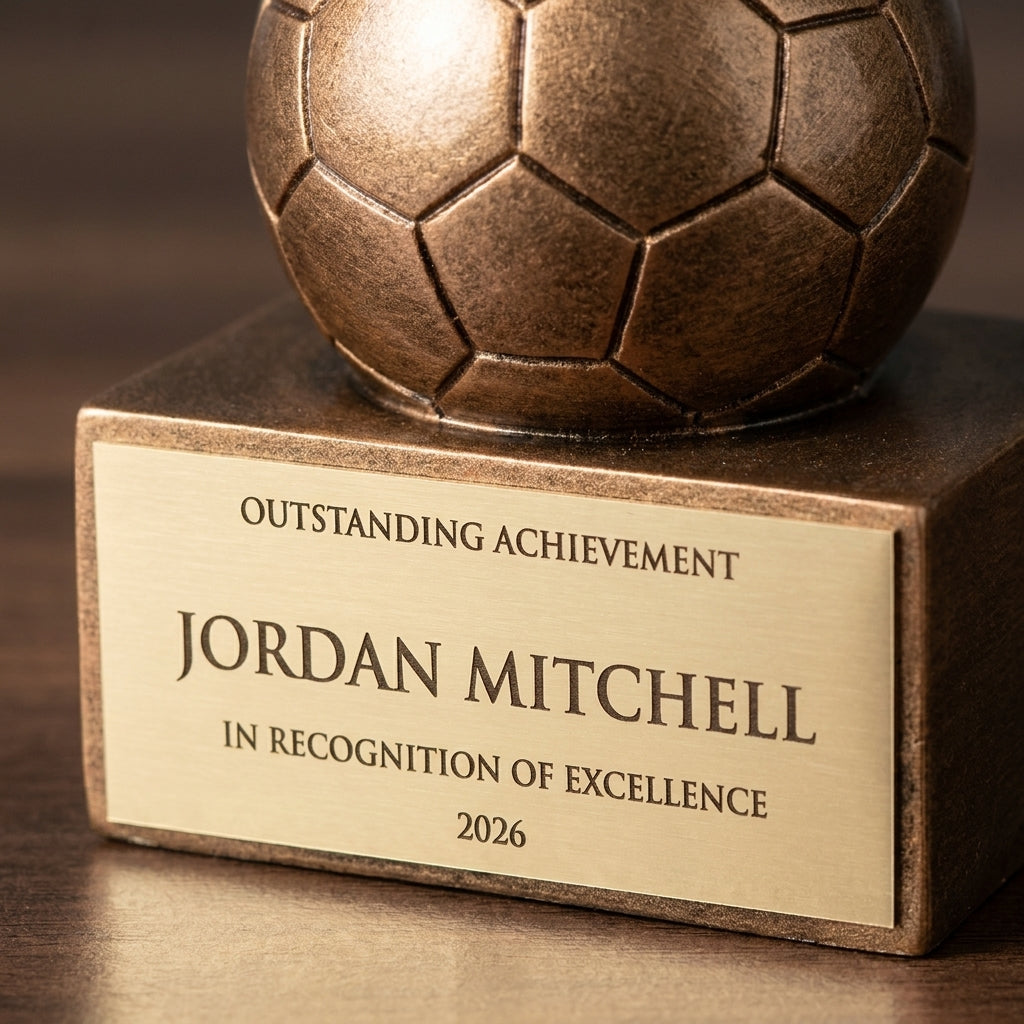 Close-up of the custom laser engraving on a personalized Laurel Swirl Soccer Resin Award resin award, showing crisp permanent personalization