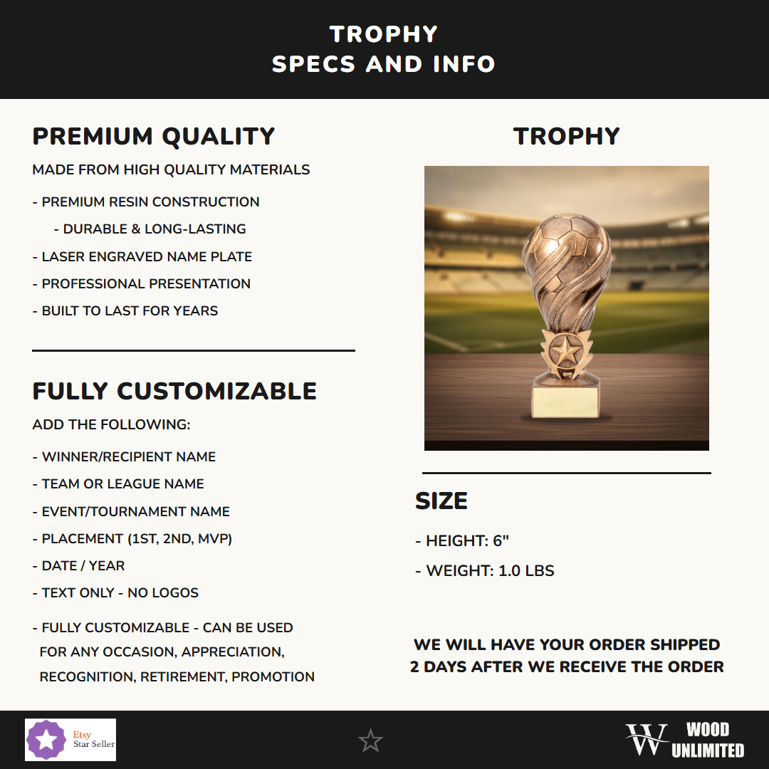 Specifications for the personalized Laurel Swirl Soccer Resin Award resin award — materials, engraving, and features