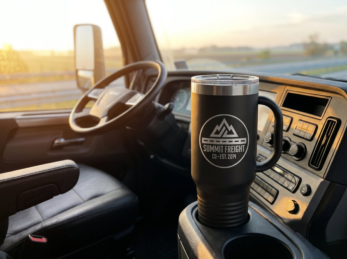 Branded 40oz travel tumbler in a semi-truck cab cup holder