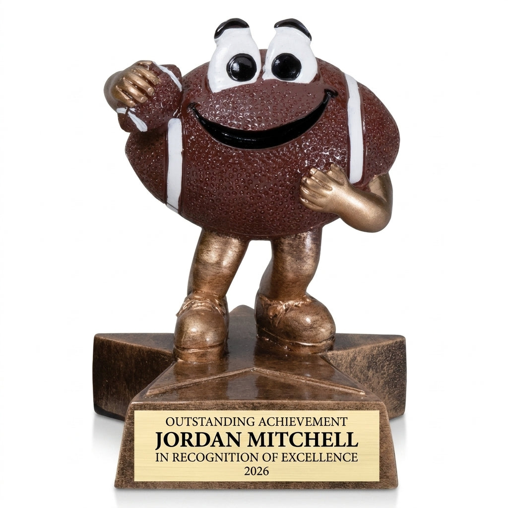 Personalized Little Buddy Football Resin Trophy resin award, custom laser engraved recognition award on a clean white studio background