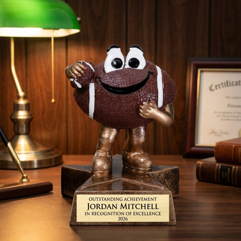 Personalized Little Buddy Football Resin Trophy resin award on a warm executive desk with a green banker's lamp, engraved corporate recognition and retirement gift