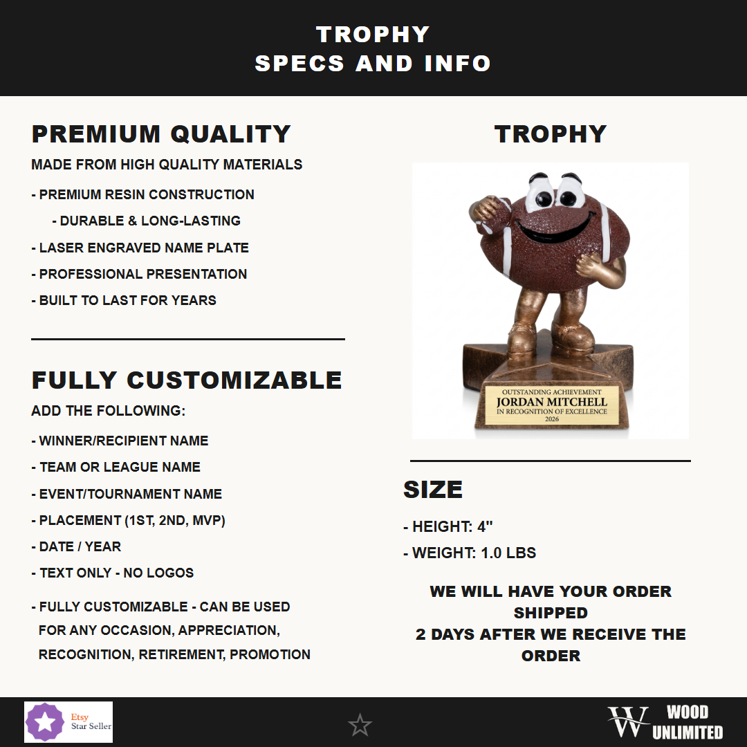 Specifications for the personalized Little Buddy Football Resin Trophy resin award — materials, engraving, and features