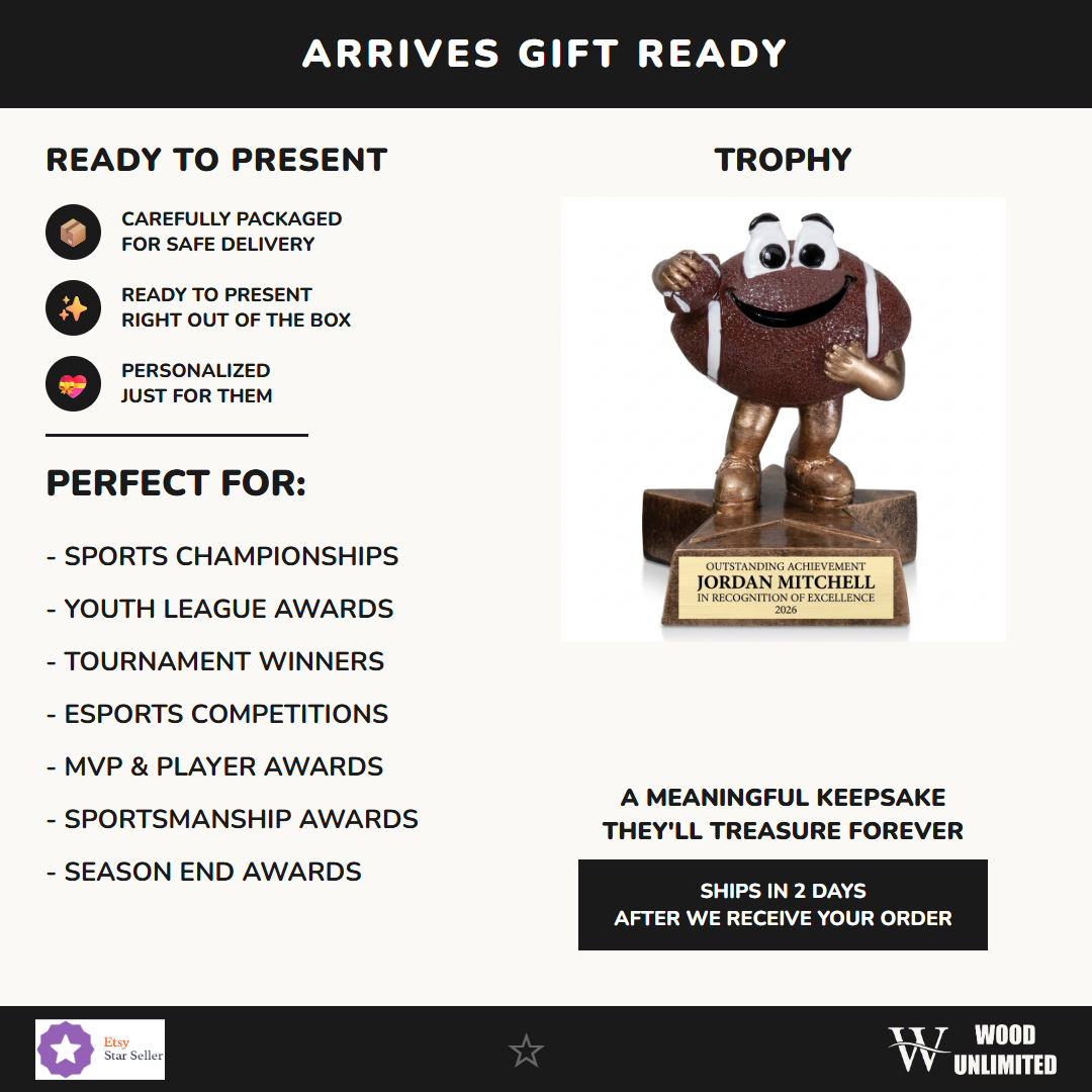 Gift-ready personalized Little Buddy Football Resin Trophy resin award, perfect for ceremonies, retirements, and corporate recognition