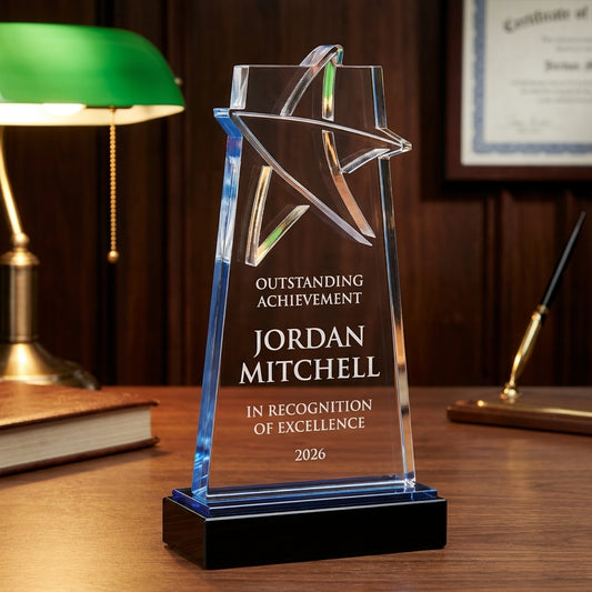 Personalized Laser Accent acrylic award on a warm executive desk with a green banker's lamp, engraved corporate recognition and retirement gift