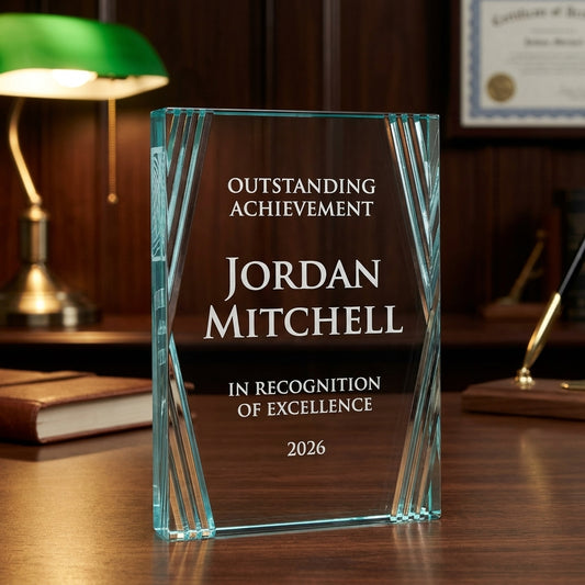 Personalized Lucite Desk Award acrylic award on a warm executive desk with a green banker's lamp, engraved corporate recognition and retirement gift