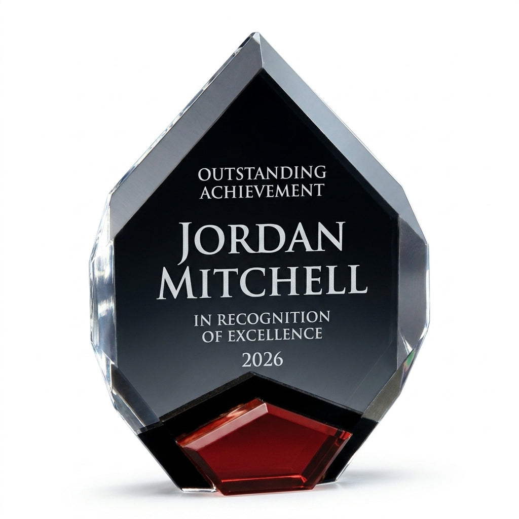 Personalized Marquis acrylic award, custom laser engraved recognition award on a clean white studio background