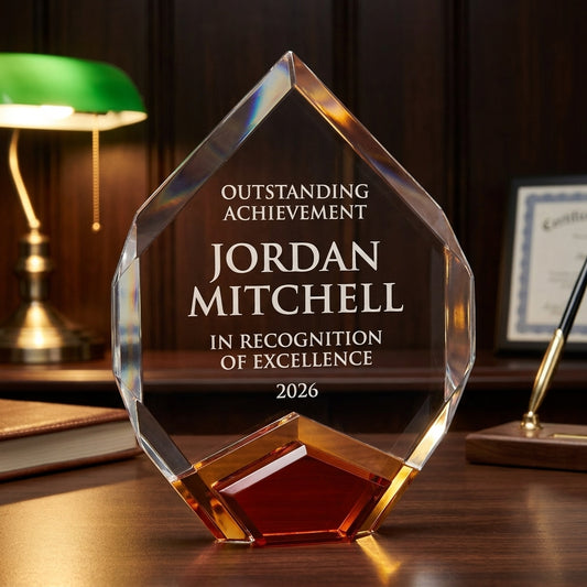 Personalized Marquis acrylic award on a warm executive desk with a green banker's lamp, engraved corporate recognition and retirement gift