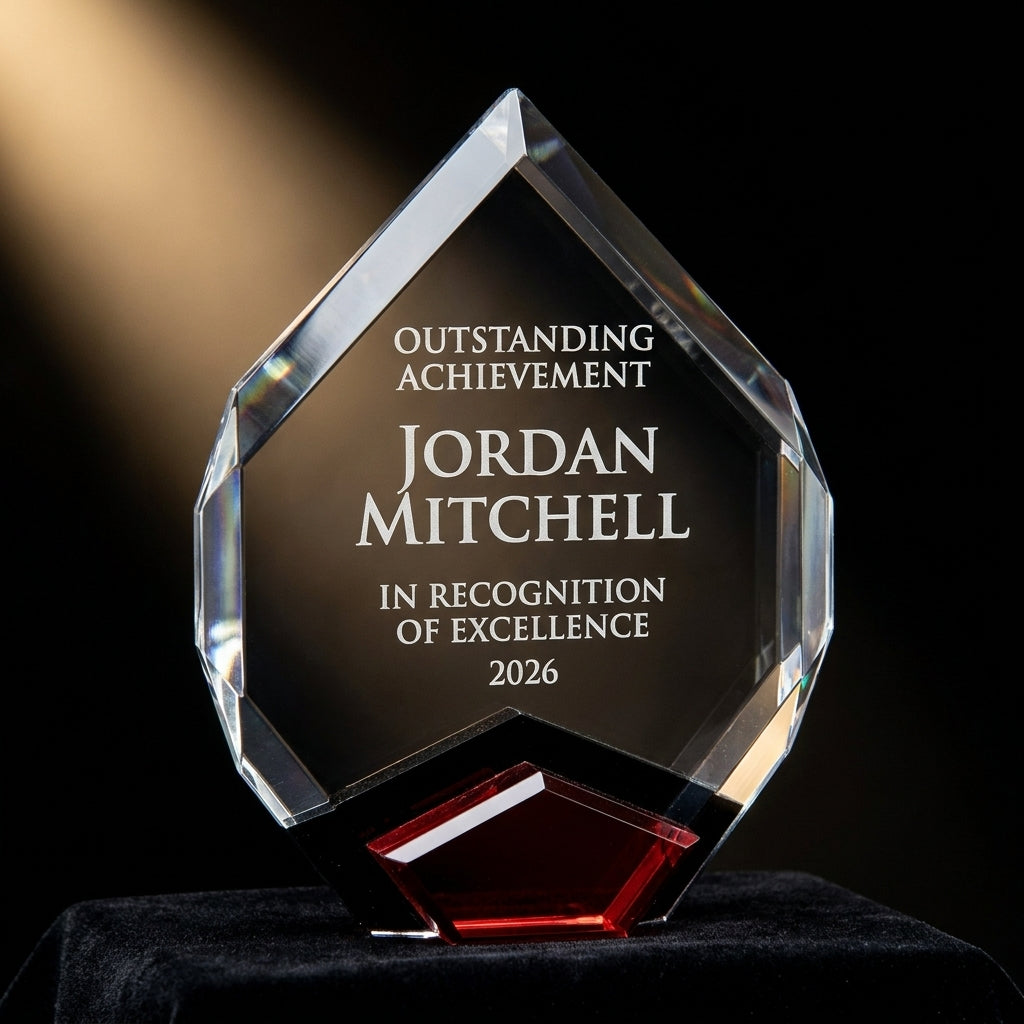 Personalized Marquis acrylic award on black velvet under awards-ceremony spotlight, engraved champion and lifetime achievement award