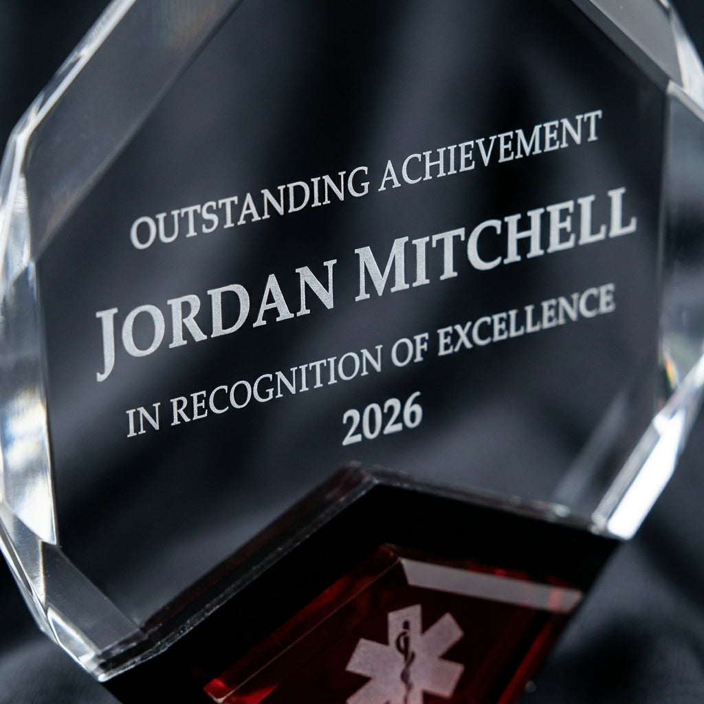 Close-up of the custom laser engraving on a personalized Marquis acrylic award, showing crisp permanent personalization