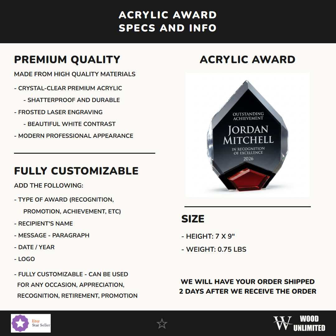 Specifications for the personalized Marquis acrylic award — materials, engraving, and features