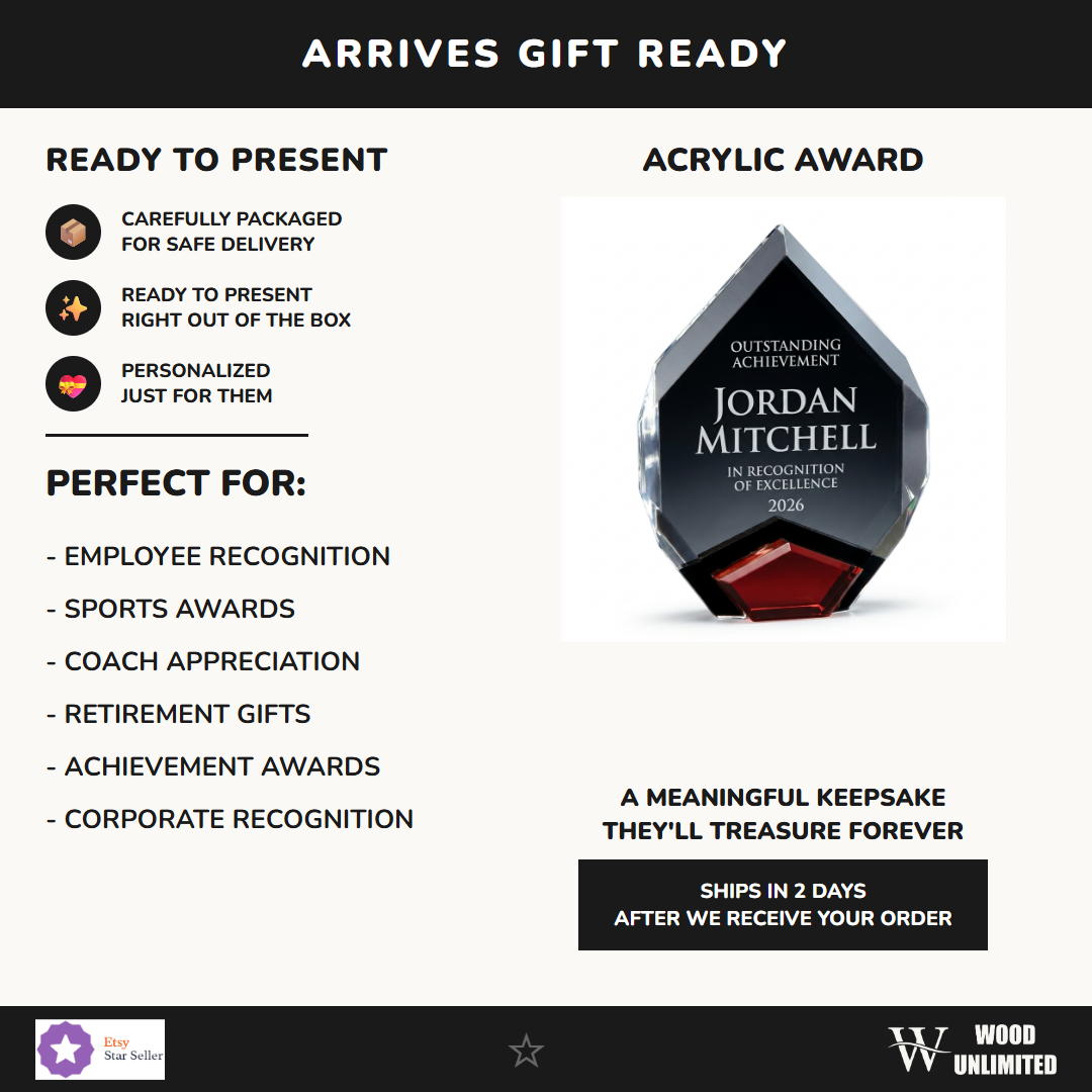 Gift-ready personalized Marquis acrylic award, perfect for ceremonies, retirements, and corporate recognition