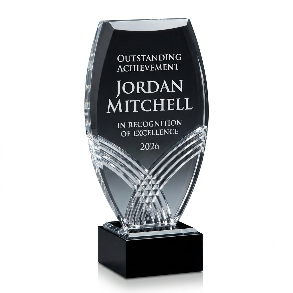 Personalized Nile Tower Black acrylic award, custom laser engraved recognition award on a clean white studio background