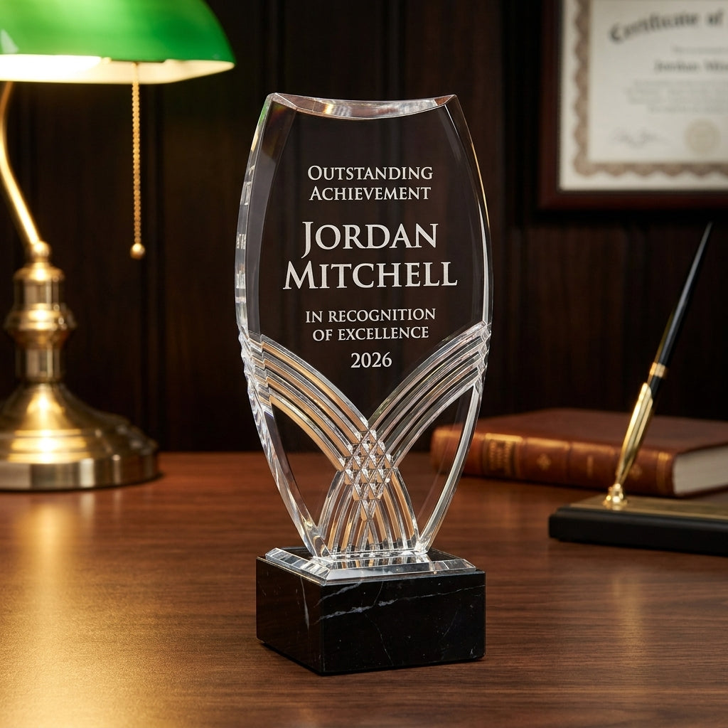 Personalized Nile Tower Black acrylic award on a warm executive desk with a green banker's lamp, engraved corporate recognition and retirement gift