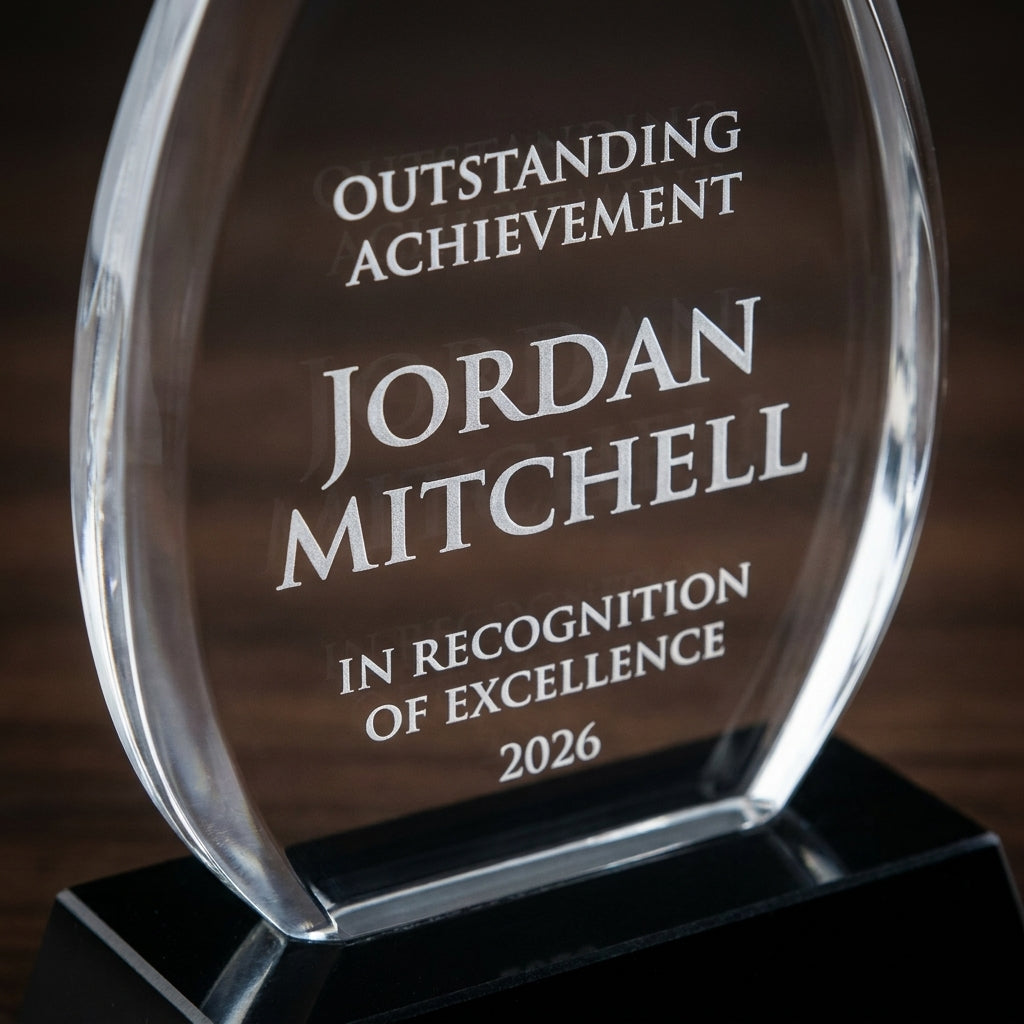 Close-up of the custom laser engraving on a personalized Nile Tower Black acrylic award, showing crisp permanent personalization