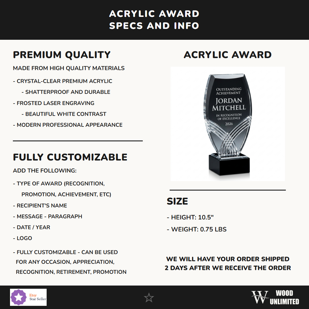 Specifications for the personalized Nile Tower Black acrylic award — materials, engraving, and features