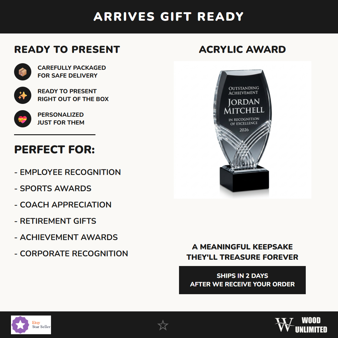Gift-ready personalized Nile Tower Black acrylic award, perfect for ceremonies, retirements, and corporate recognition