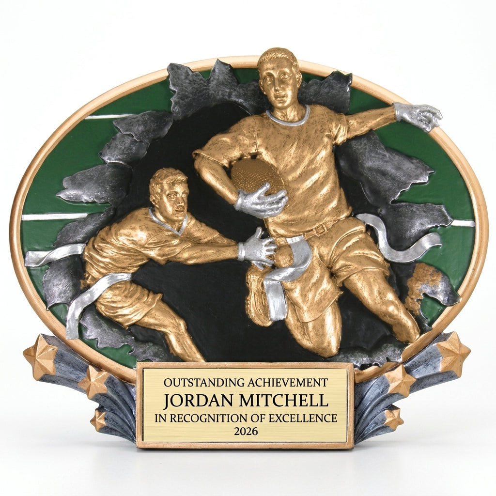 Personalized Motion Flag Football Resin Trophy resin award, custom laser engraved recognition award on a clean white studio background
