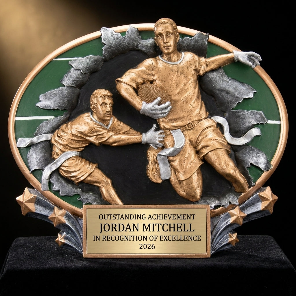 Personalized Motion Flag Football Resin Trophy resin award on black velvet under awards-ceremony spotlight, engraved champion and lifetime achievement award