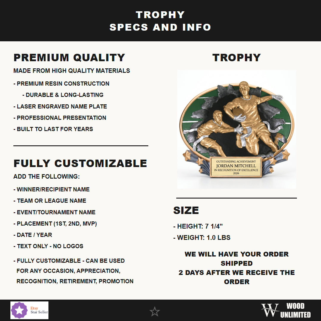 Specifications for the personalized Motion Flag Football Resin Trophy resin award — materials, engraving, and features