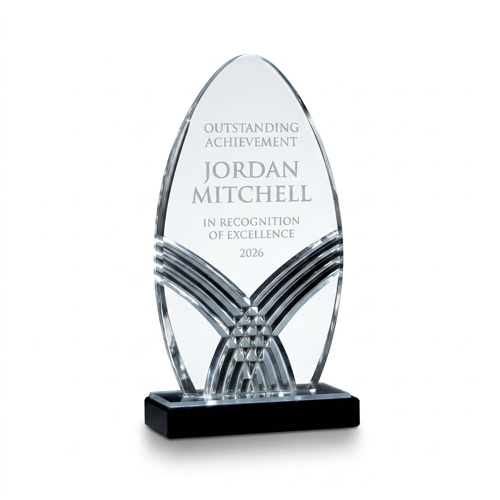 Personalized Nile Arrow Black acrylic award, custom laser engraved recognition award on a clean white studio background