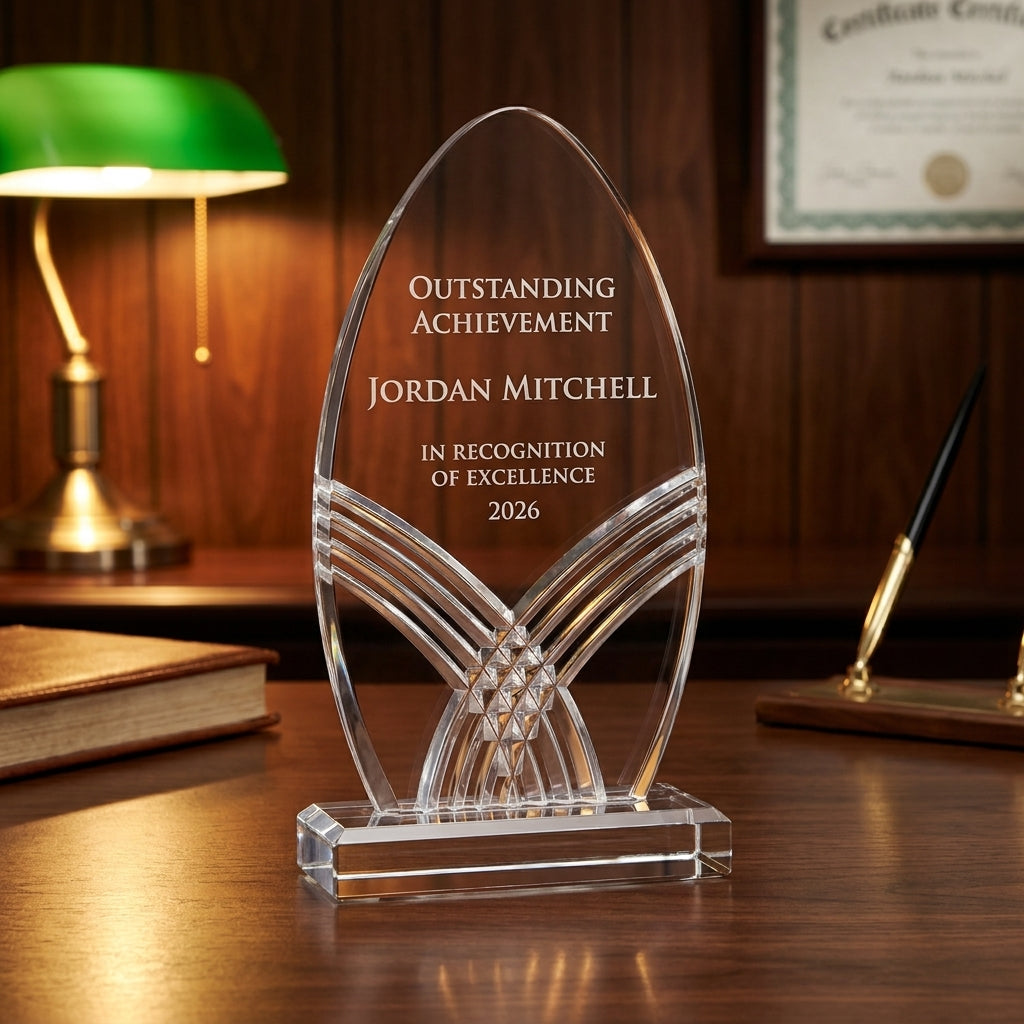 Personalized Nile Arrow Black acrylic award on a warm executive desk with a green banker's lamp, engraved corporate recognition and retirement gift