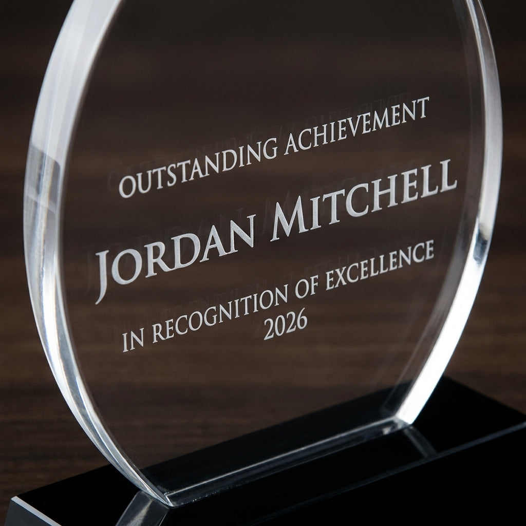 Close-up of the custom laser engraving on a personalized Nile Arrow Black acrylic award, showing crisp permanent personalization