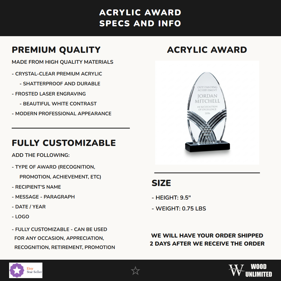 Specifications for the personalized Nile Arrow Black acrylic award — materials, engraving, and features
