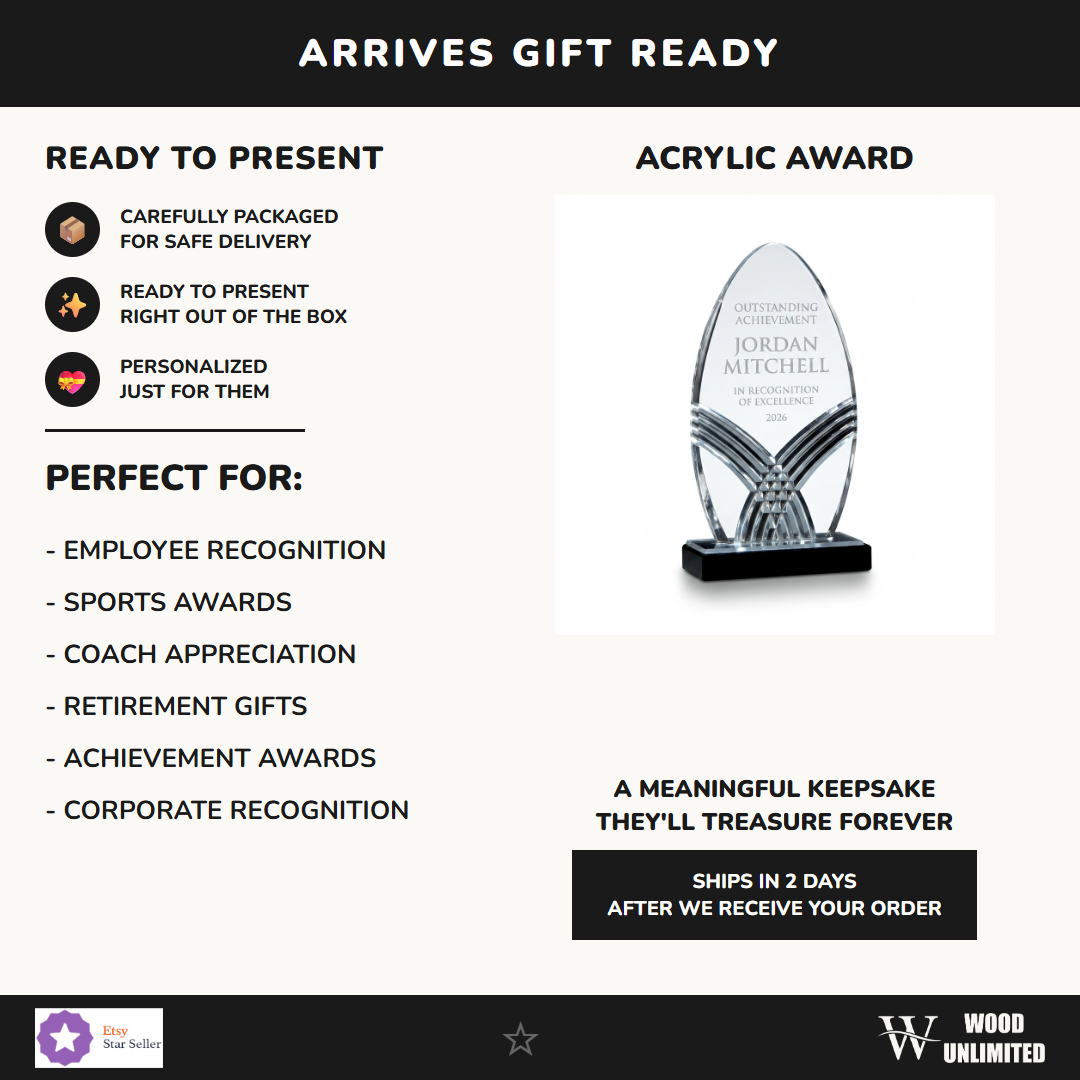 Gift-ready personalized Nile Arrow Black acrylic award, perfect for ceremonies, retirements, and corporate recognition