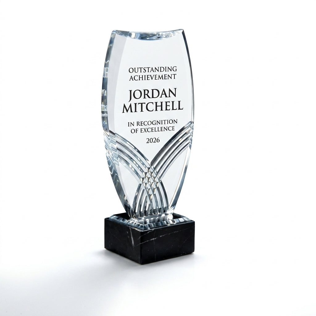 Personalized Nile Tower acrylic award, custom laser engraved recognition award on a clean white studio background