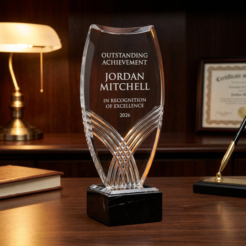 Personalized Nile Tower acrylic award on a warm executive desk with a green banker's lamp, engraved corporate recognition and retirement gift
