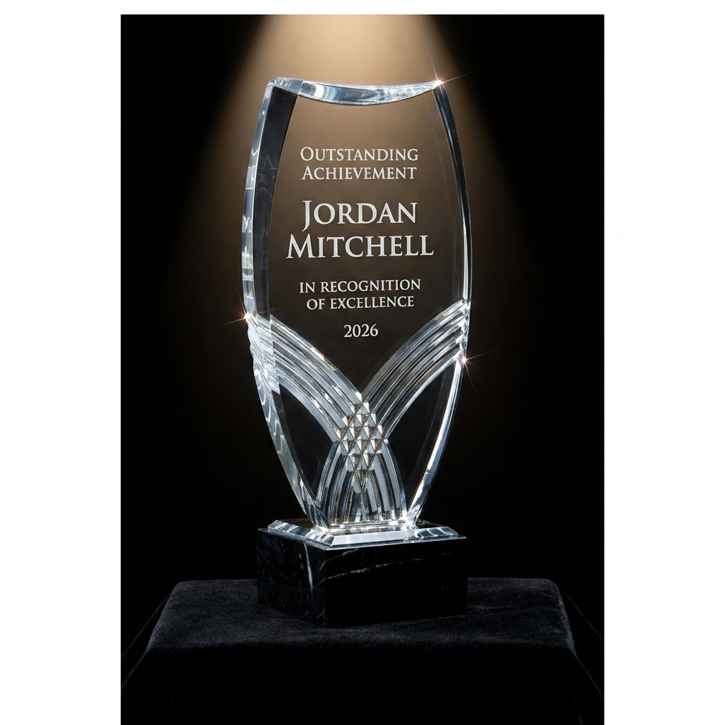 Personalized Nile Tower acrylic award on black velvet under awards-ceremony spotlight, engraved champion and lifetime achievement award