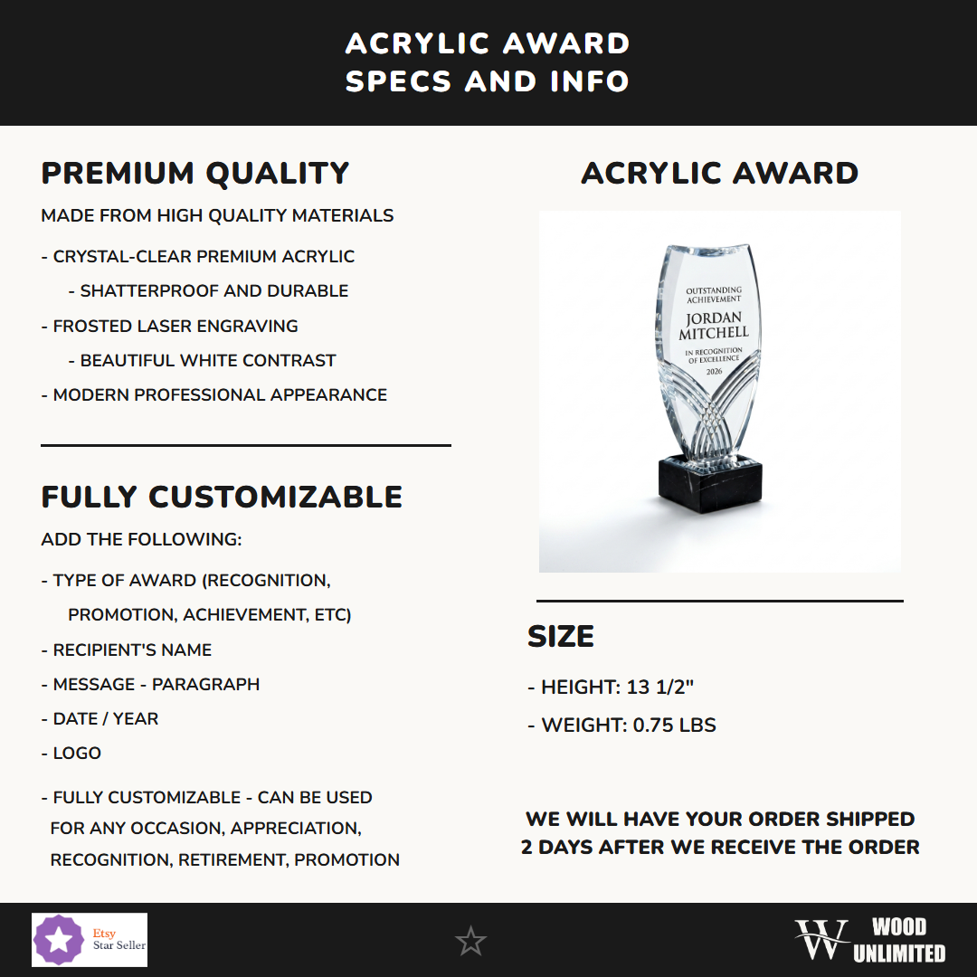 Specifications for the personalized Nile Tower acrylic award — materials, engraving, and features