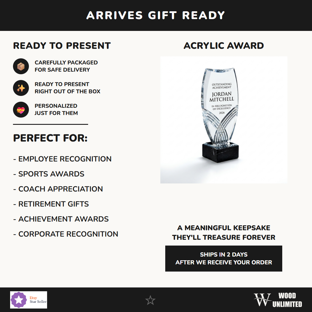 Gift-ready personalized Nile Tower acrylic award, perfect for ceremonies, retirements, and corporate recognition