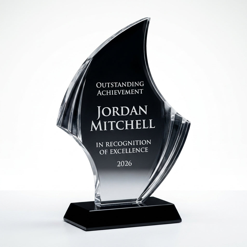 Personalized Nouveau Curved acrylic award, custom laser engraved recognition award on a clean white studio background