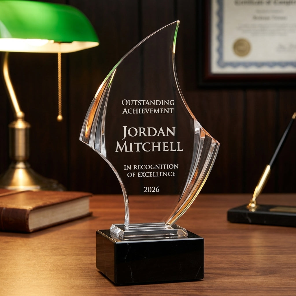 Personalized Nouveau Curved acrylic award on a warm executive desk with a green banker's lamp, engraved corporate recognition and retirement gift