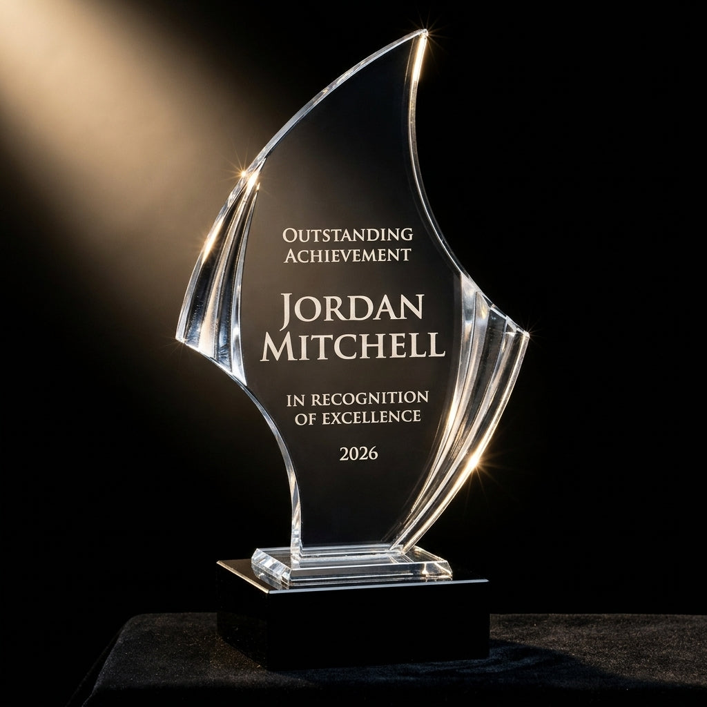 Personalized Nouveau Curved acrylic award on black velvet under awards-ceremony spotlight, engraved champion and lifetime achievement award