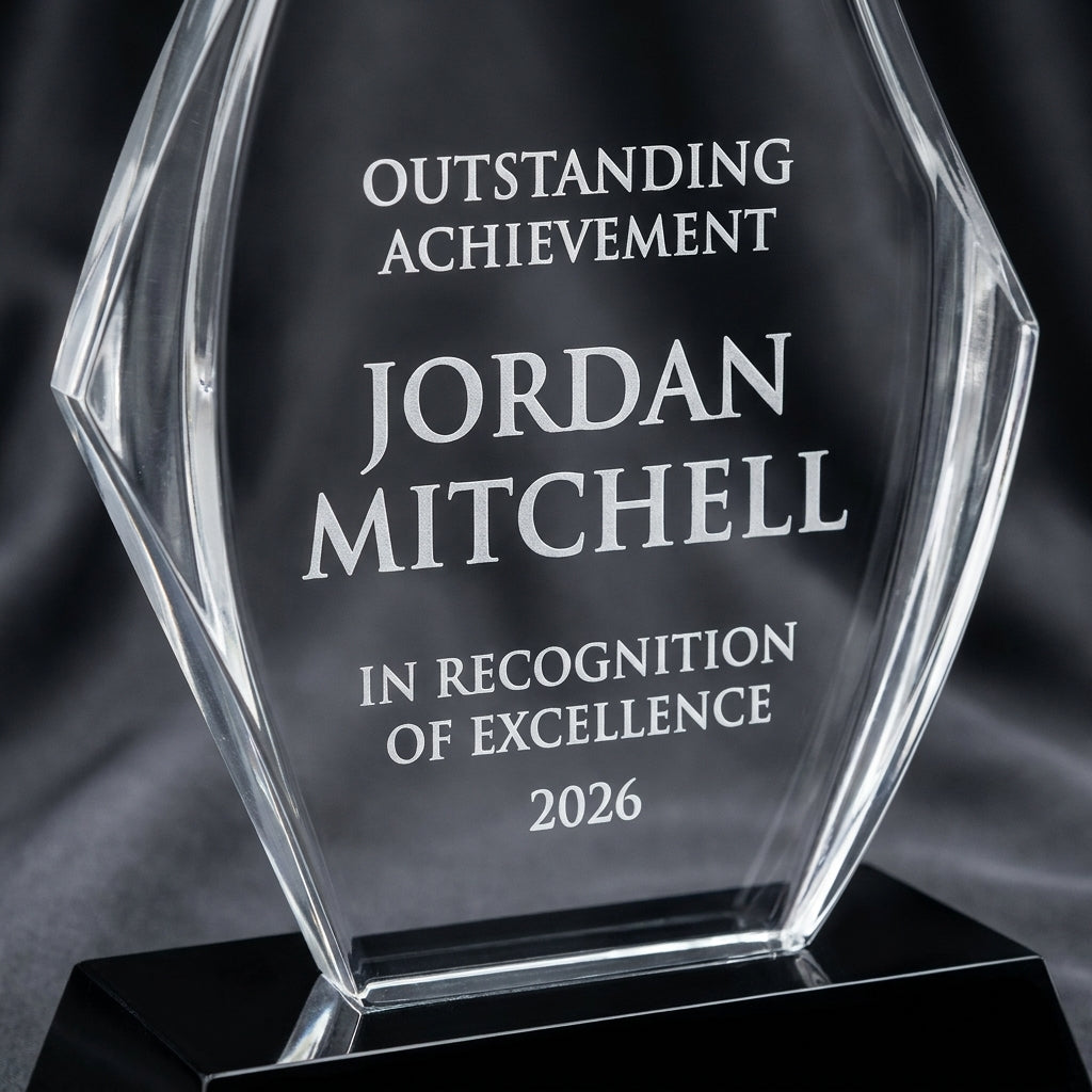 Close-up of the custom laser engraving on a personalized Nouveau Curved acrylic award, showing crisp permanent personalization