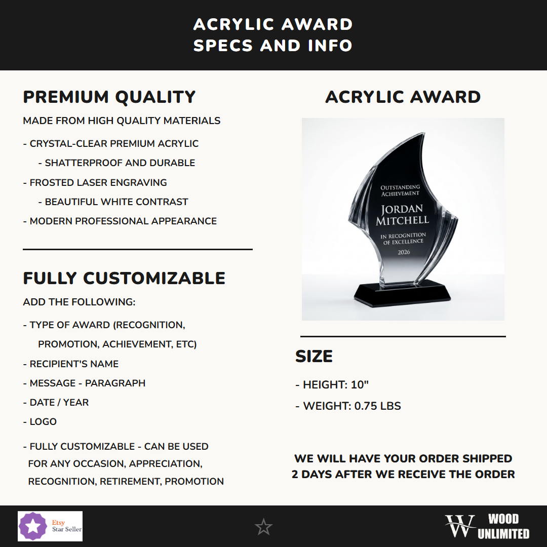 Specifications for the personalized Nouveau Curved acrylic award — materials, engraving, and features