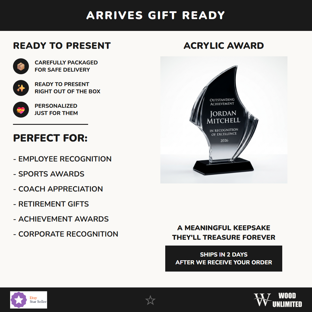 Gift-ready personalized Nouveau Curved acrylic award, perfect for ceremonies, retirements, and corporate recognition