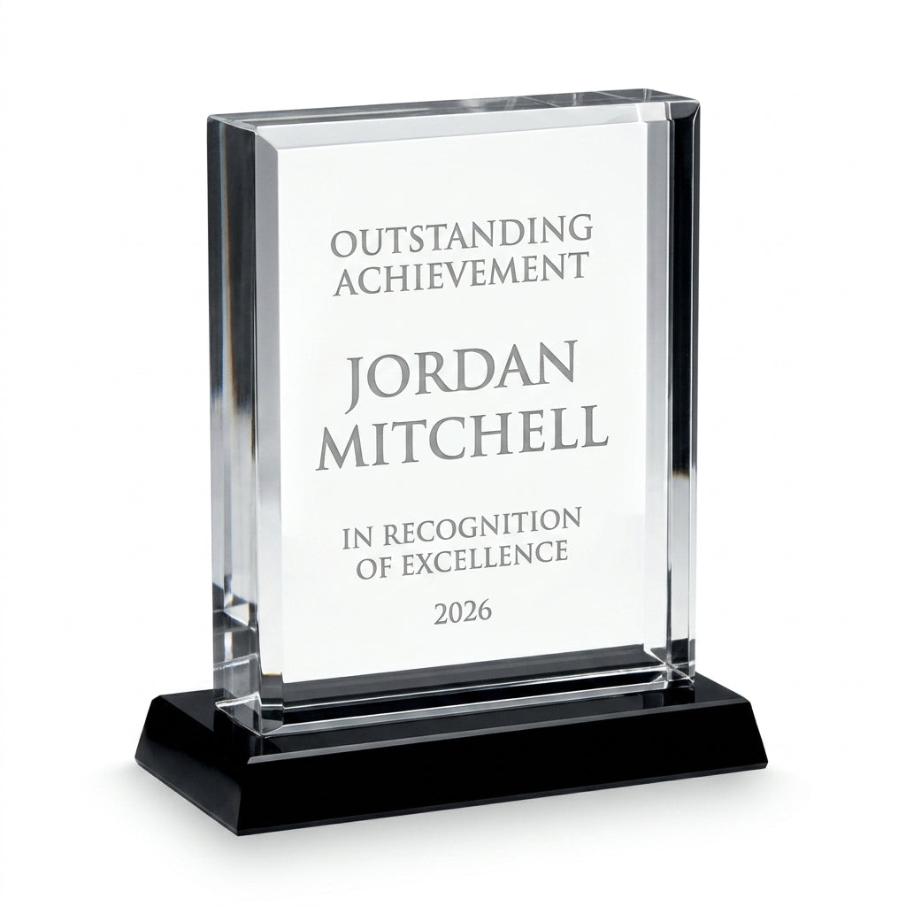 Personalized Nouveau Rectangle acrylic award, custom laser engraved recognition award on a clean white studio background