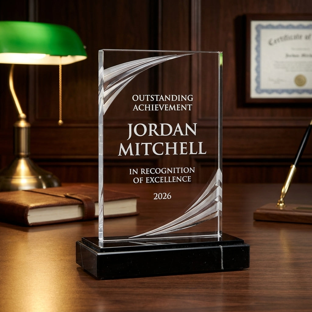 Personalized Nouveau Rectangle acrylic award on a warm executive desk with a green banker's lamp, engraved corporate recognition and retirement gift