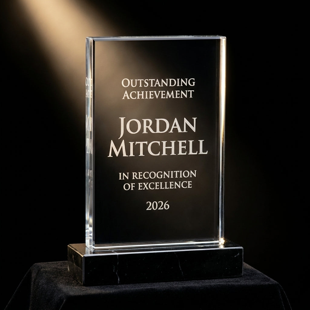 Personalized Nouveau Rectangle acrylic award on black velvet under awards-ceremony spotlight, engraved champion and lifetime achievement award