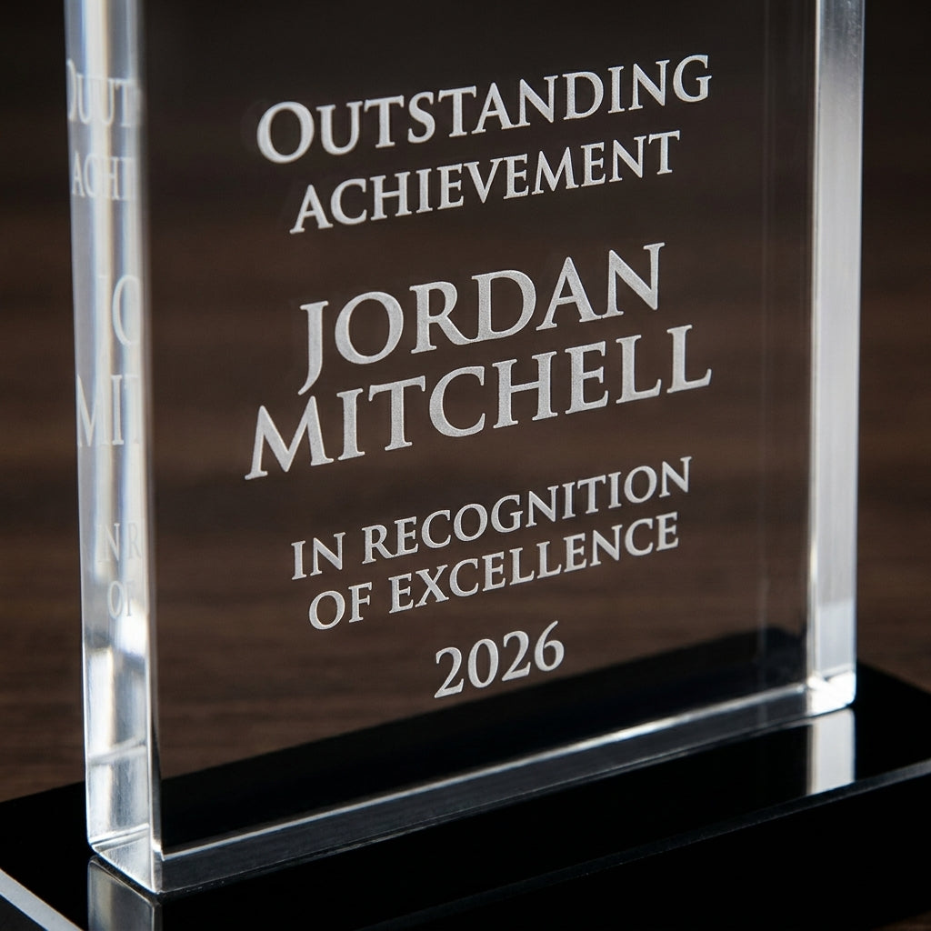 Close-up of the custom laser engraving on a personalized Nouveau Rectangle acrylic award, showing crisp permanent personalization