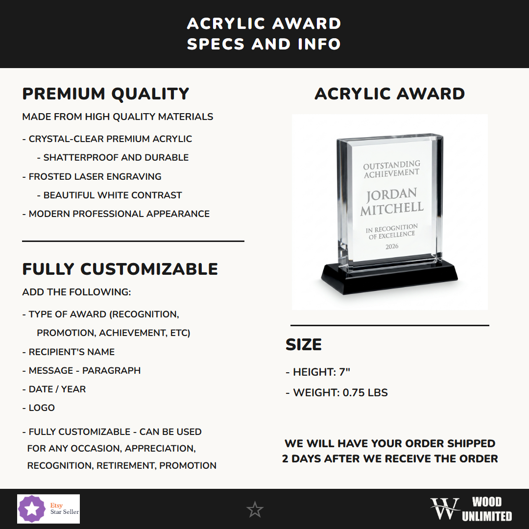 Specifications for the personalized Nouveau Rectangle acrylic award — materials, engraving, and features