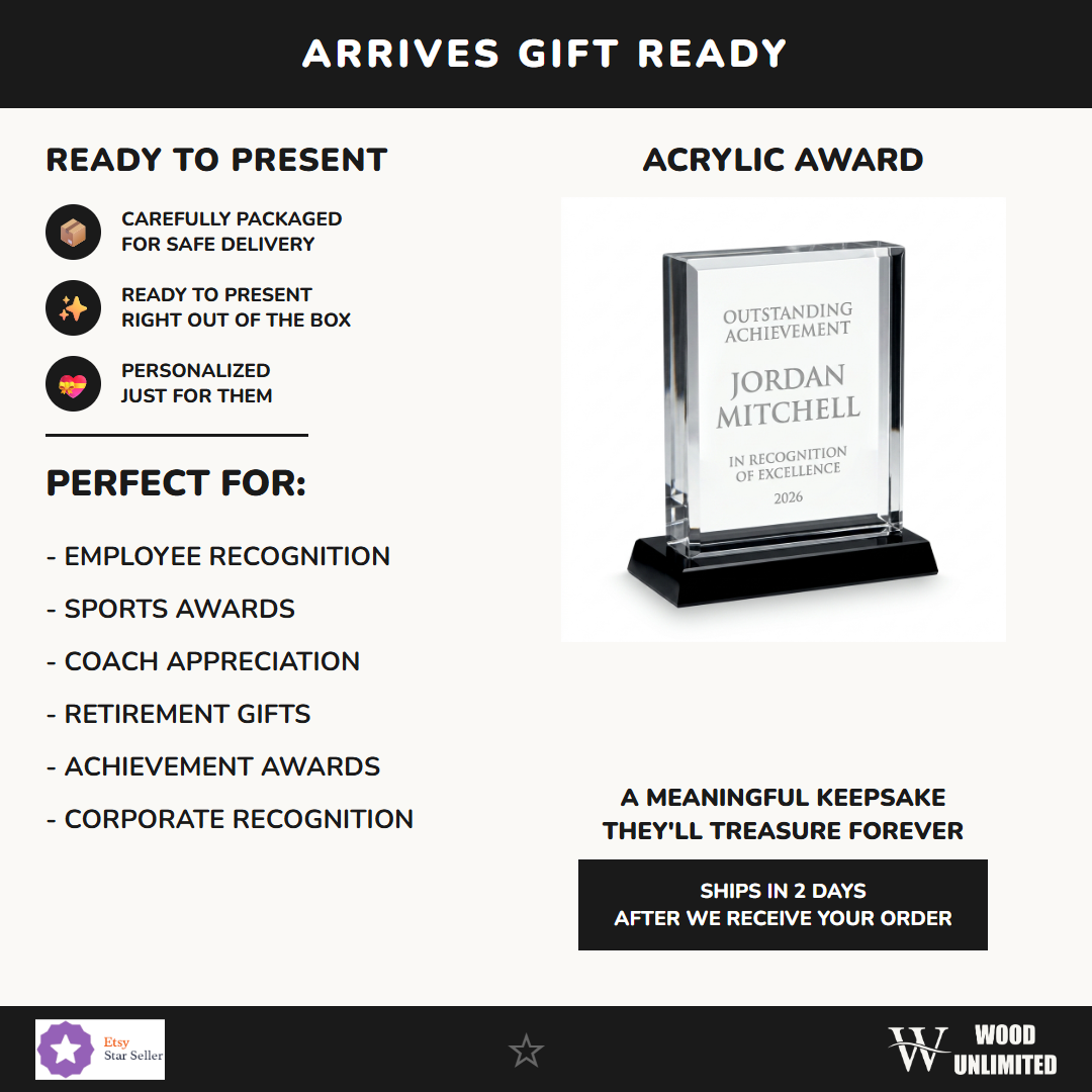 Gift-ready personalized Nouveau Rectangle acrylic award, perfect for ceremonies, retirements, and corporate recognition