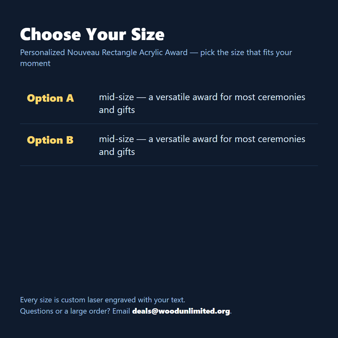 Size guide for the personalized Nouveau Rectangle acrylic award, choose the size that fits your ceremony or gift