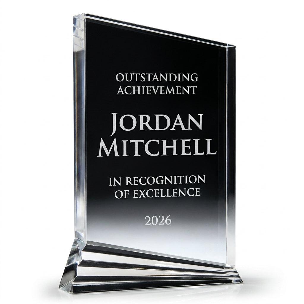 Personalized Nouveau acrylic award, custom laser engraved recognition award on a clean white studio background