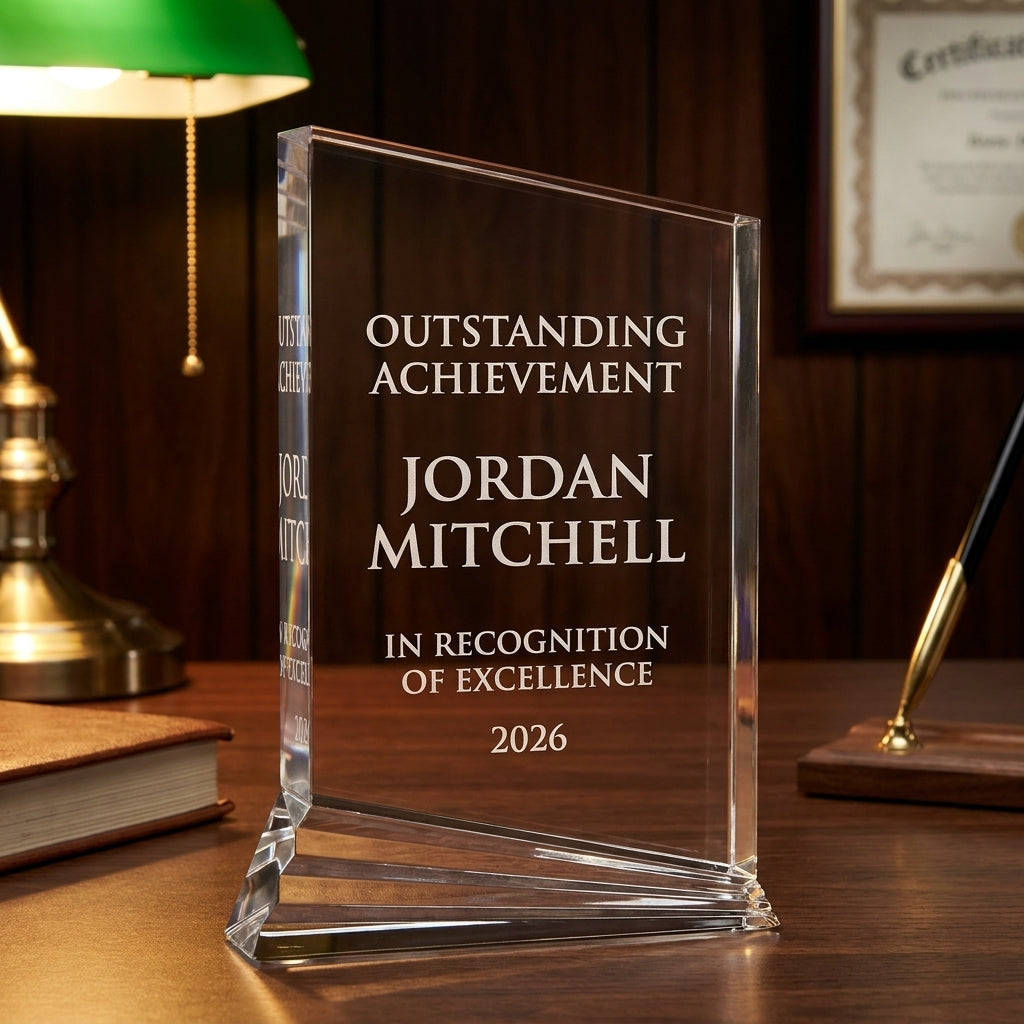Personalized Nouveau acrylic award on a warm executive desk with a green banker's lamp, engraved corporate recognition and retirement gift