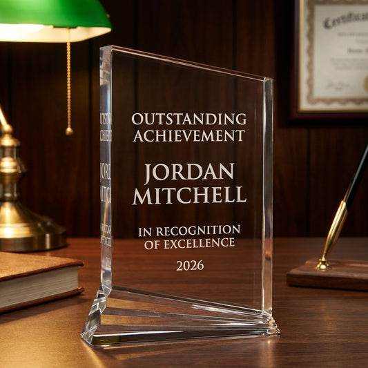 Personalized Nouveau acrylic award on a warm executive desk with a green banker's lamp, engraved corporate recognition and retirement gift