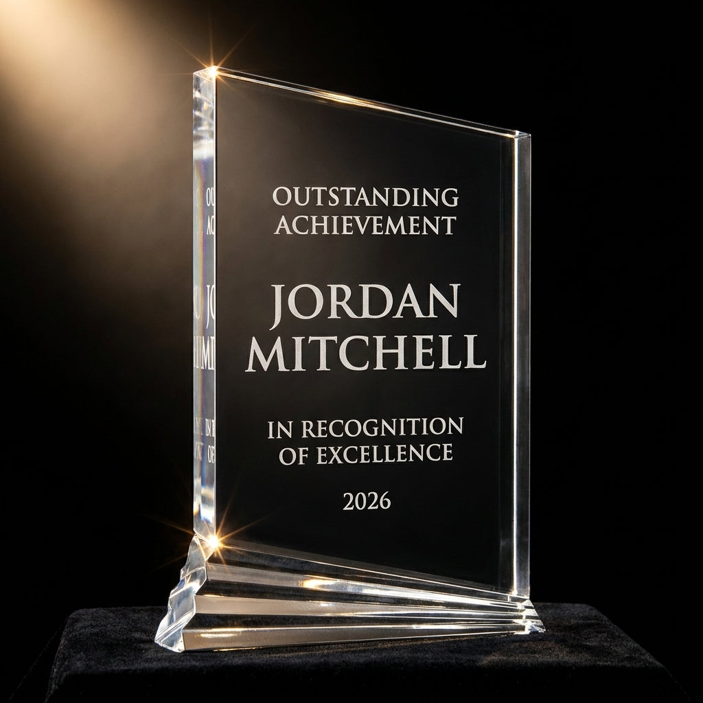Personalized Nouveau acrylic award on black velvet under awards-ceremony spotlight, engraved champion and lifetime achievement award